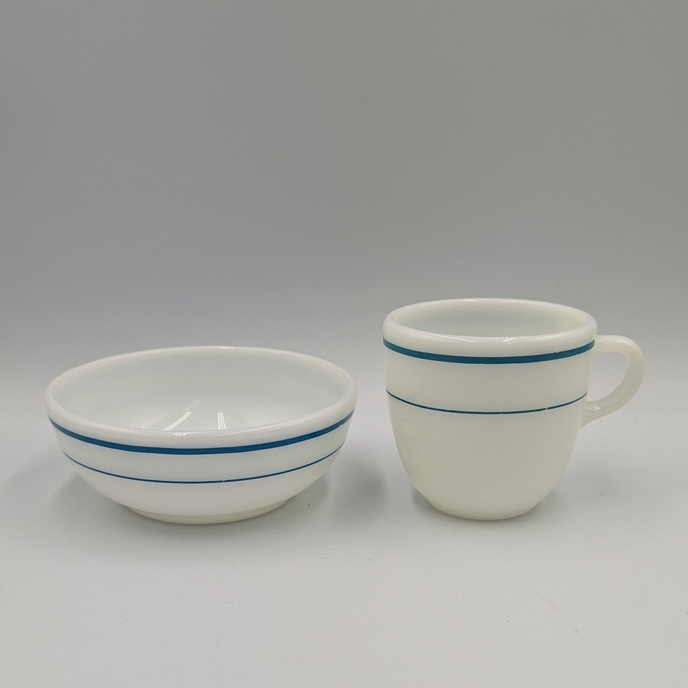 Pyrex Tableware by Corning Milk Glass Blue Band Bowl and Mug Set Vintage